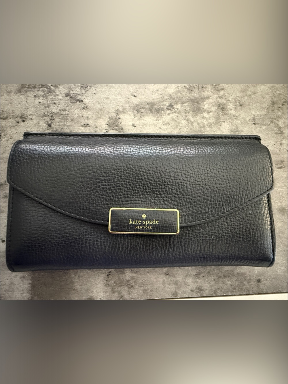 kate spade Black Pebbled Leather Continental Wallet with Gold Plaque